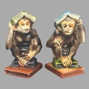 Vintage 1960's Norleans Japan "Book Smart" Monkeys Ceramic Bookends 7" Set of 2